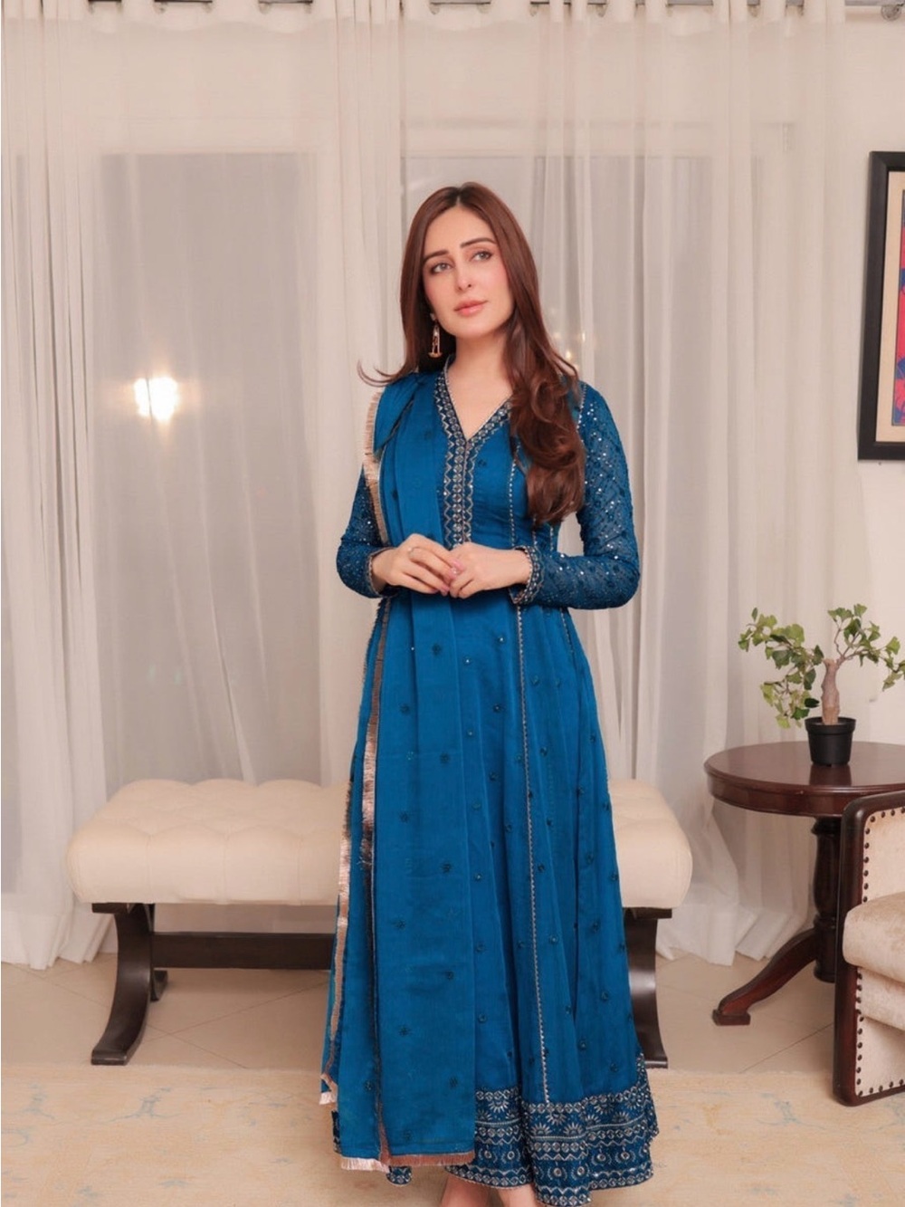 Women's Long Sleeve Embellished Teal Dress with Dupatta